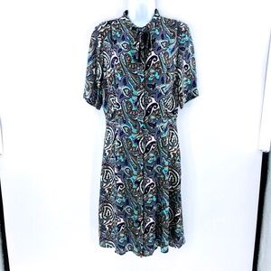 Doncaster Womens Silk Shift Dress Psychedelic Paisley Short Sleeve Tie Neck Sz 4
